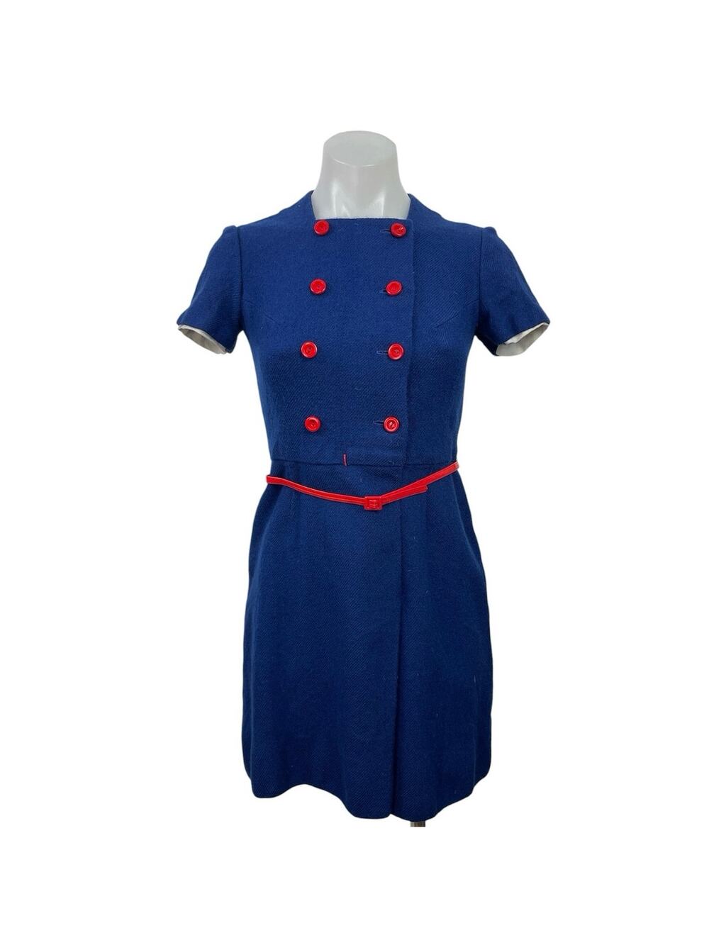 Vintage Lanz Blue Short Sleeve Double Breasted Retro Mini Sheath Dress Size M